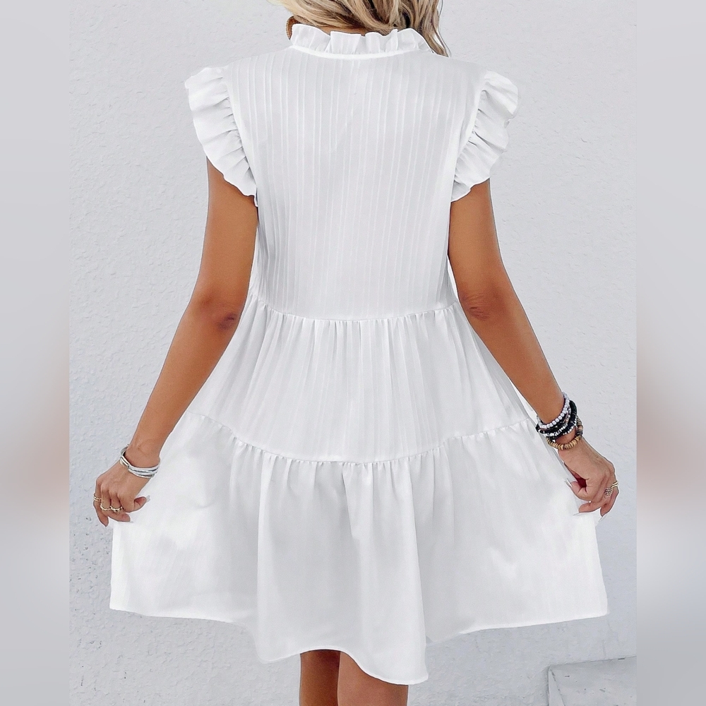 Summer Easter White Floral Print Women's Dress With Ruffle Sleeves - Picture 3 of 4